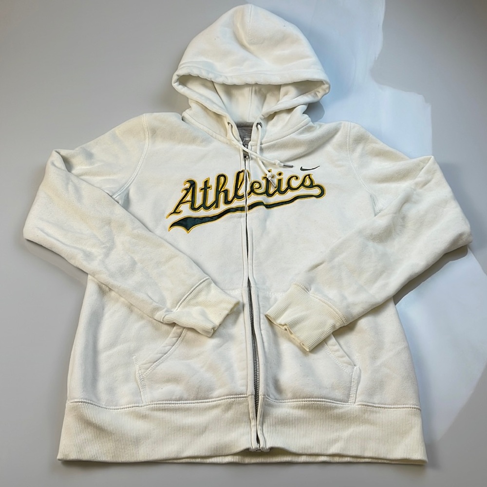 Nike White Athletics Zip-Up Hoodie with Green & Yellow Logo